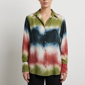 Zara Multicolor Tie-Dye Button-Down Shirt — Olive, Navy & Rust